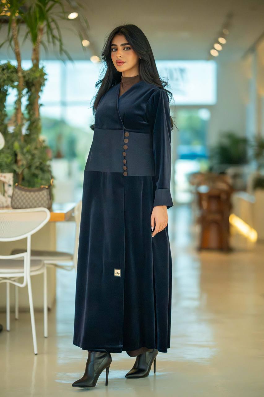 Crepe velvet abaya with ribbed velvet in navy color C:6581