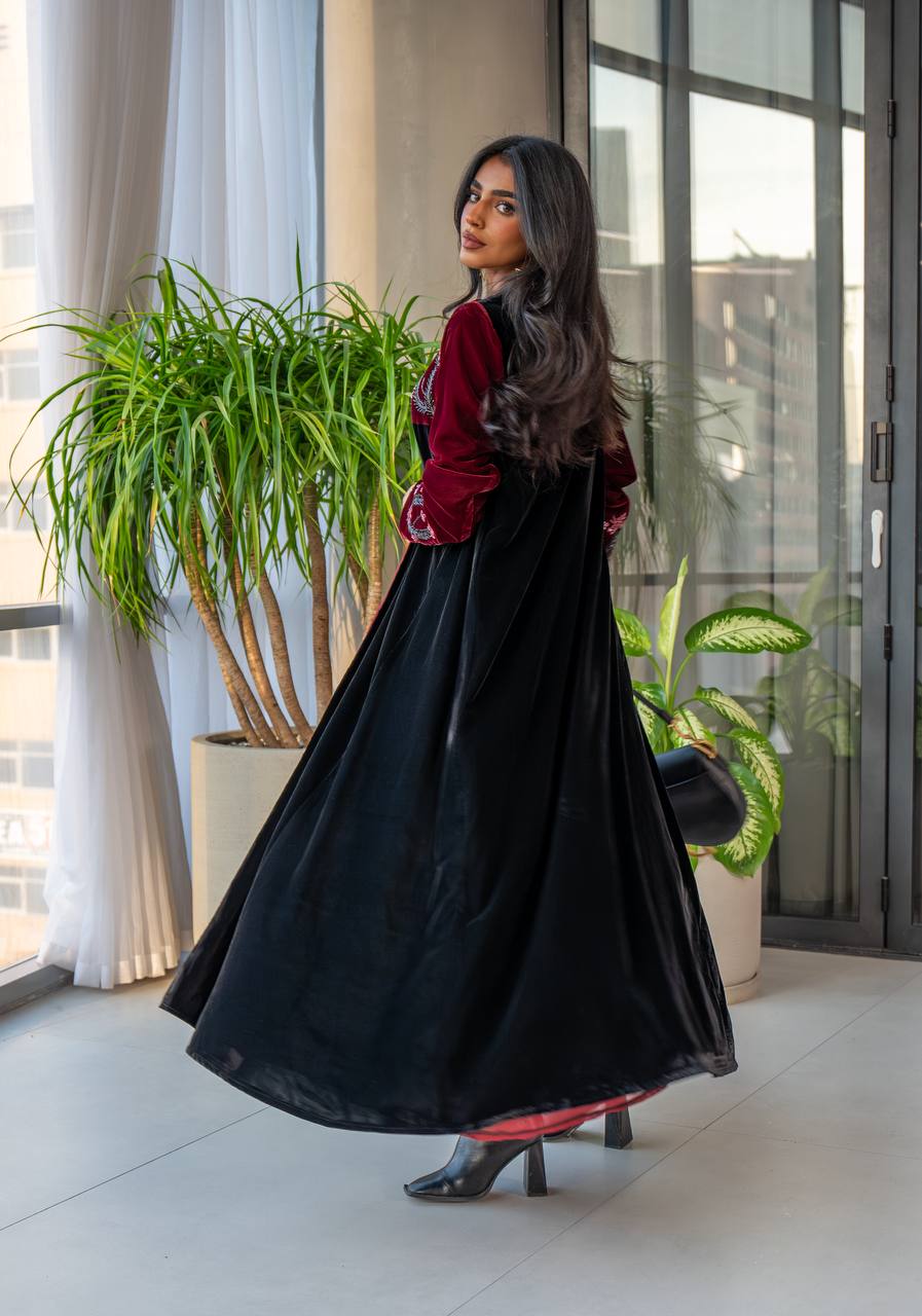 Black and burgundy velvet abaya with embroidery C:6569