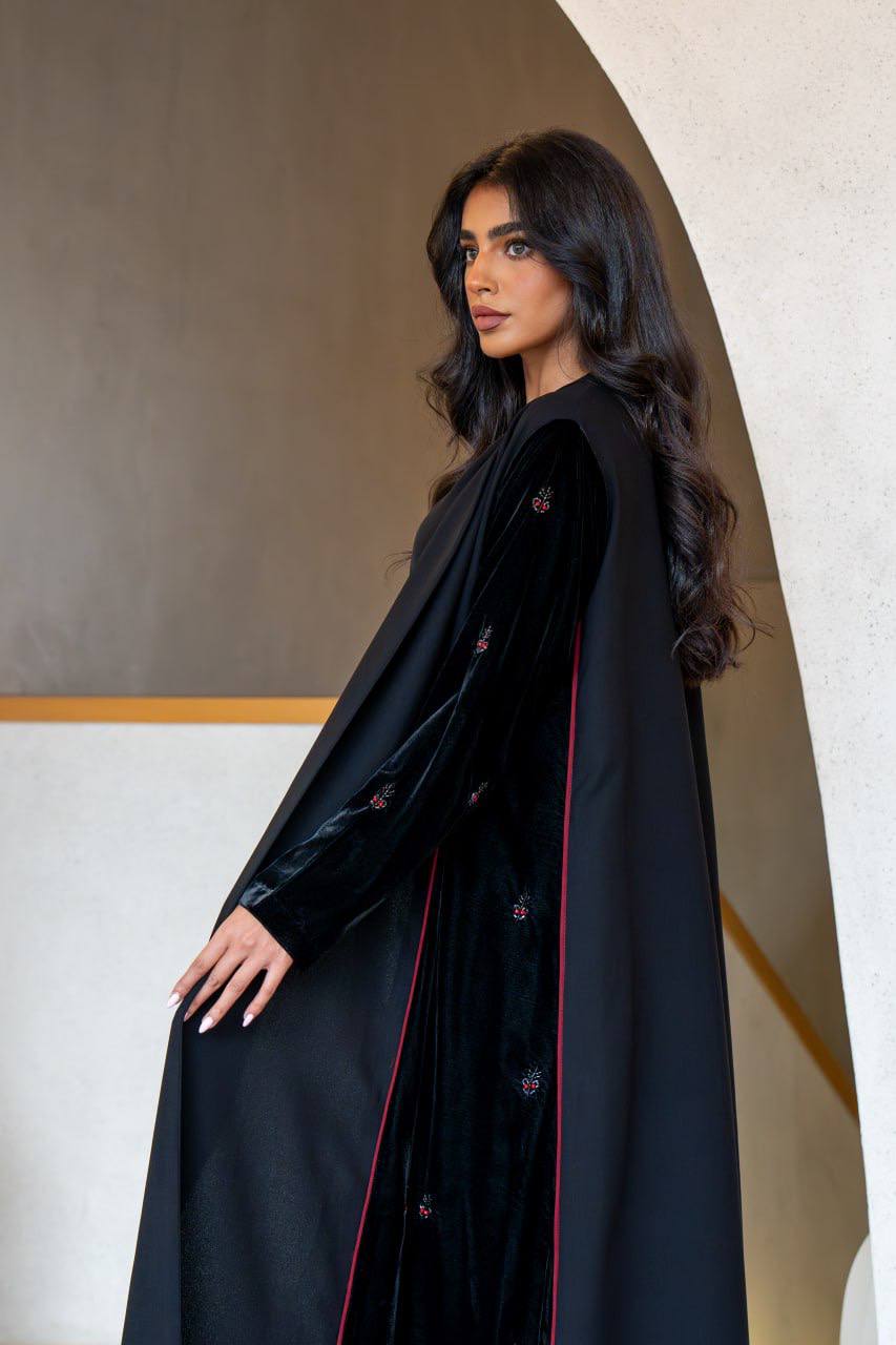 Crepe abaya with black velvet and hand embroidery C:6560 Black