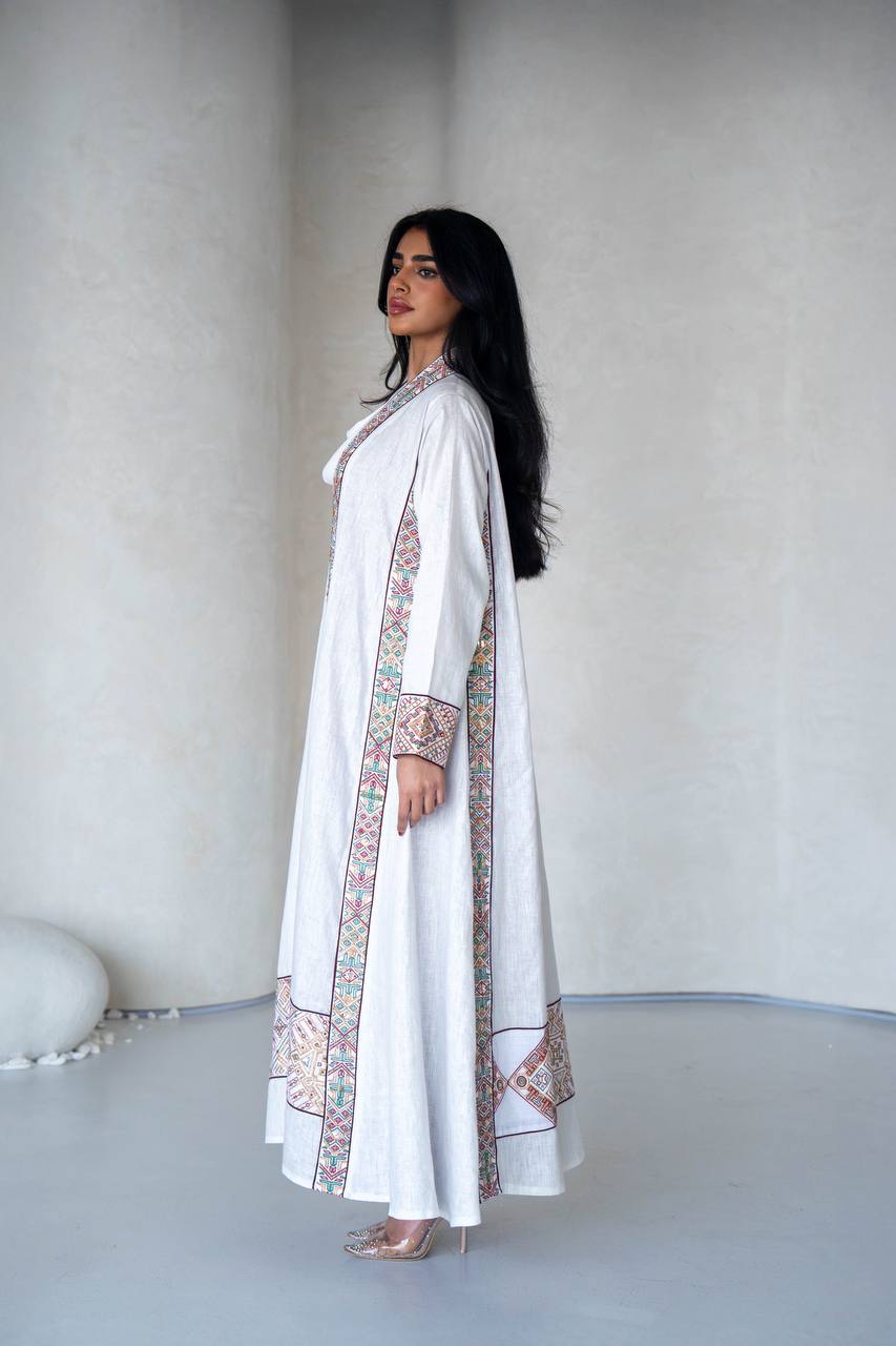 White Lenin Abaya with embroidery C:6589 White