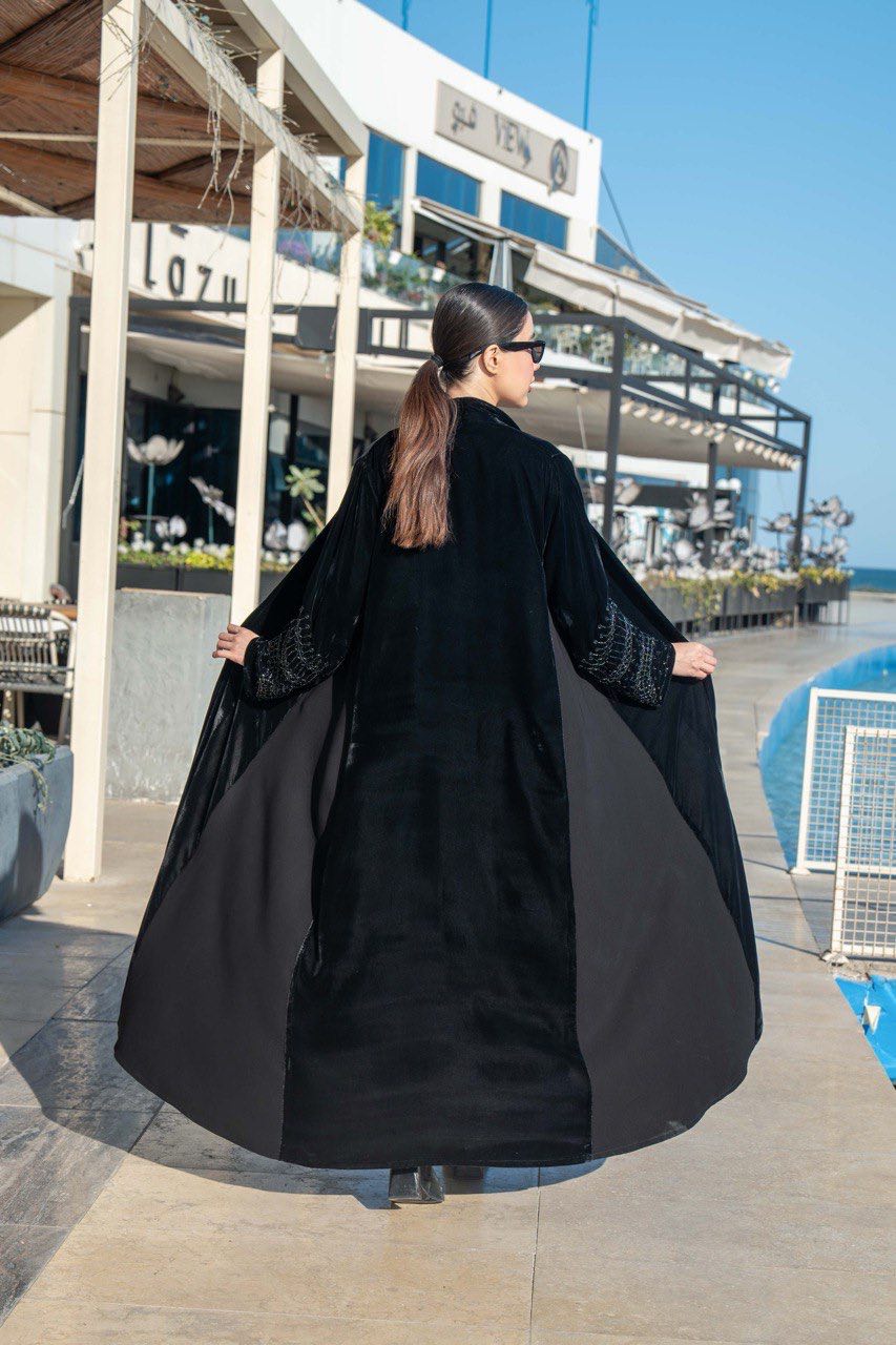 Black velvet and crepe abaya with hand embroidery C:6579 Black
