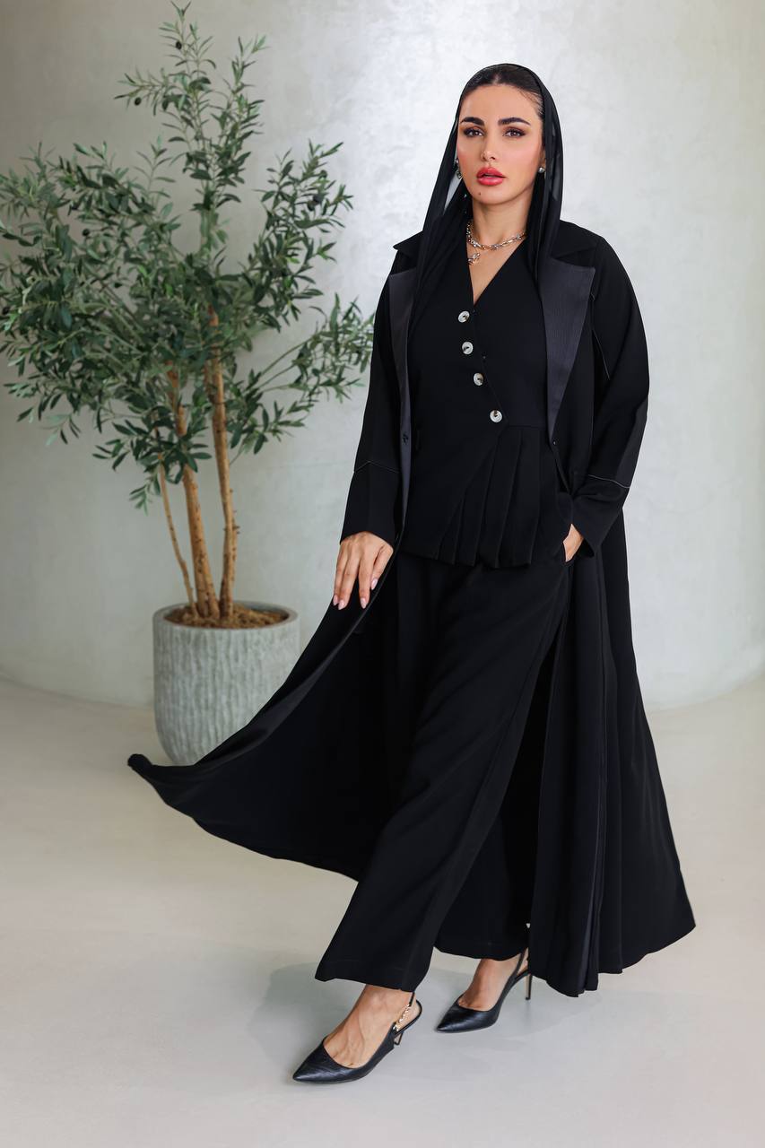 Crepe abaya with taffeta satin, black C:6673