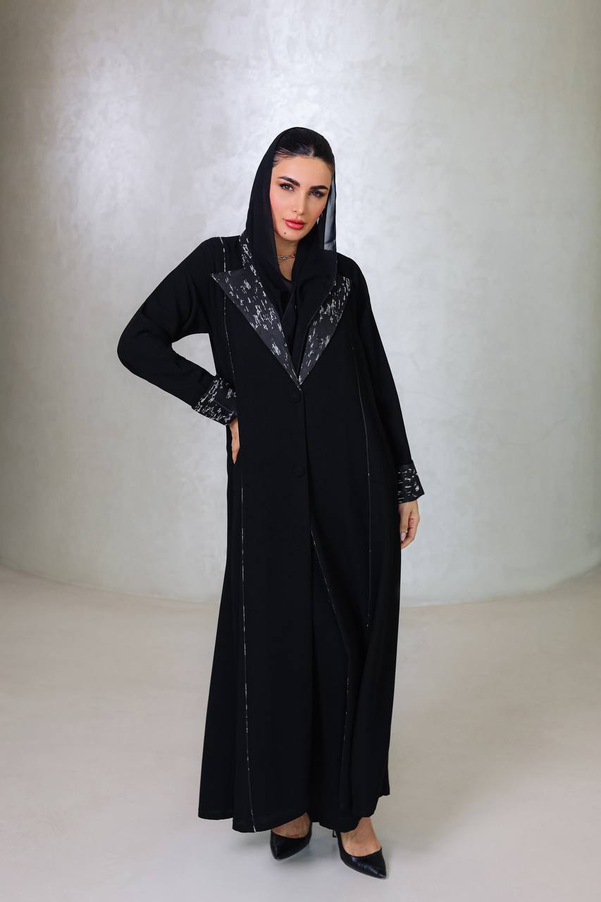 ‏Elegant Black Crepe Abaya with Jacquard Details C:6678