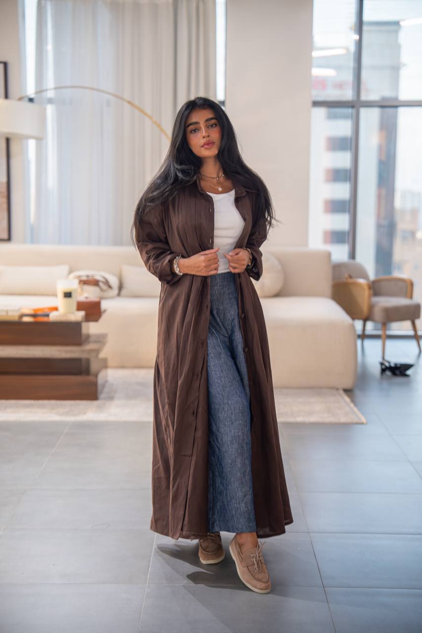عباية كتان بنية اللون، مقاس حر، C:6663 بني