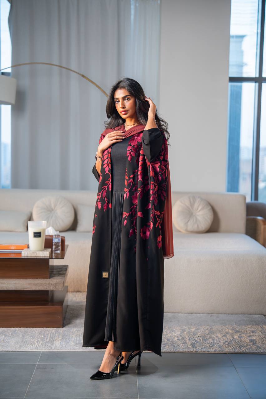 Black crepe abaya with red embroidery.C:6689