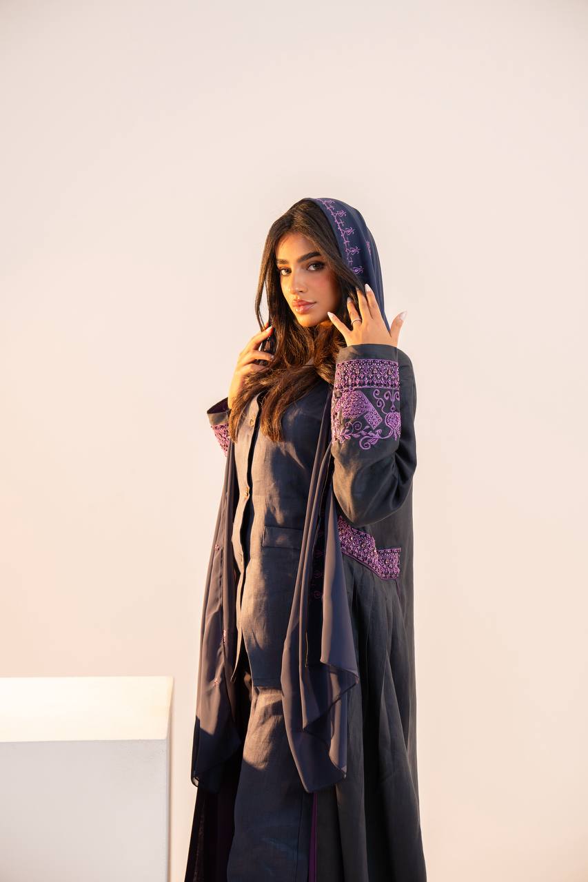 Navy blue linen abaya with purple embroidery. C:6691