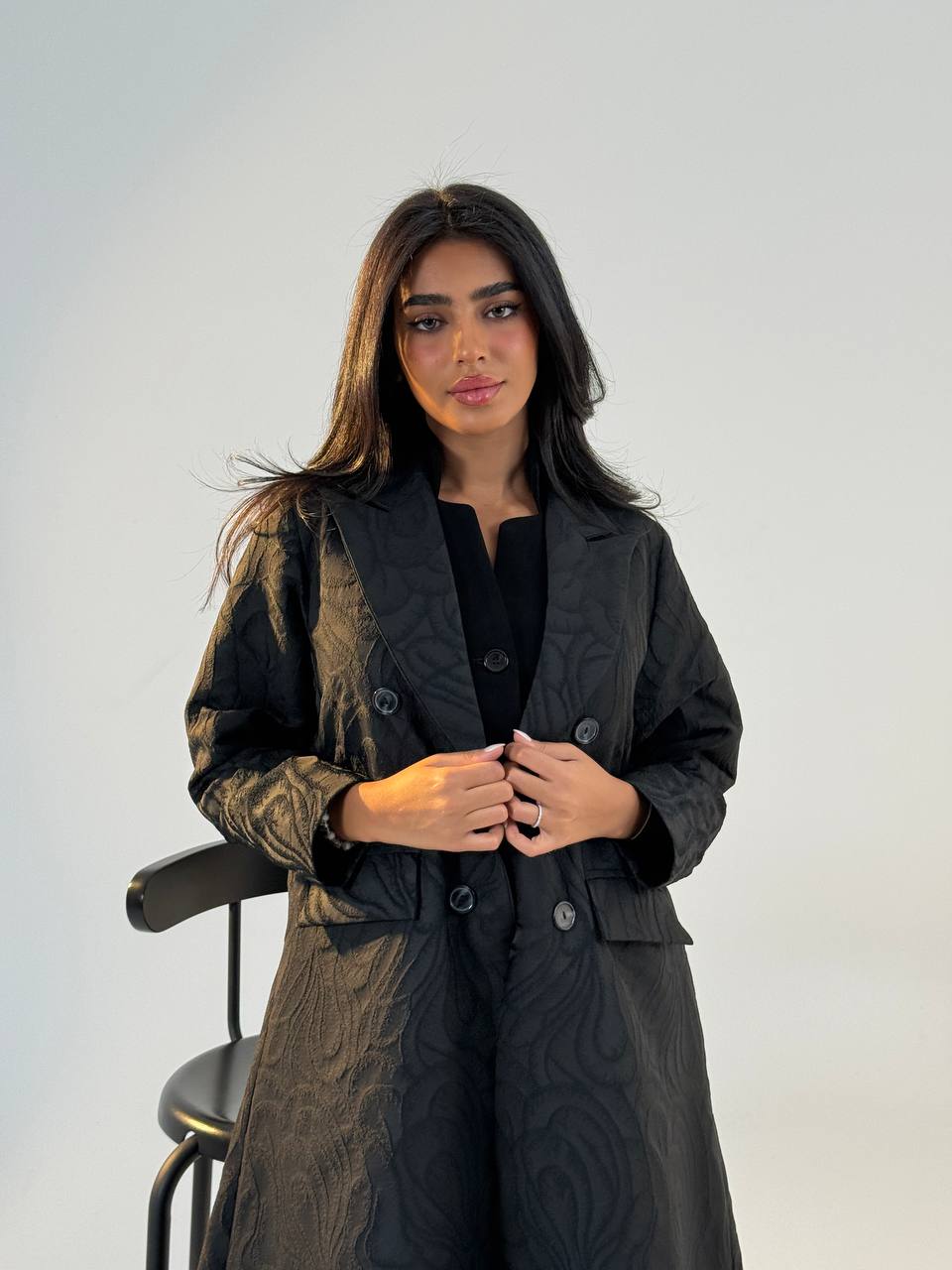 Black crepe jacquard blazer abaya.C:6693