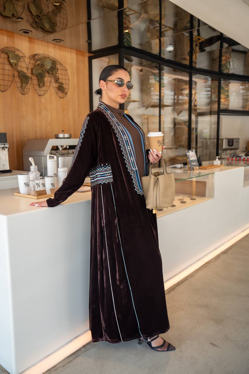 Brown velvet abaya with embroidery.C:6702