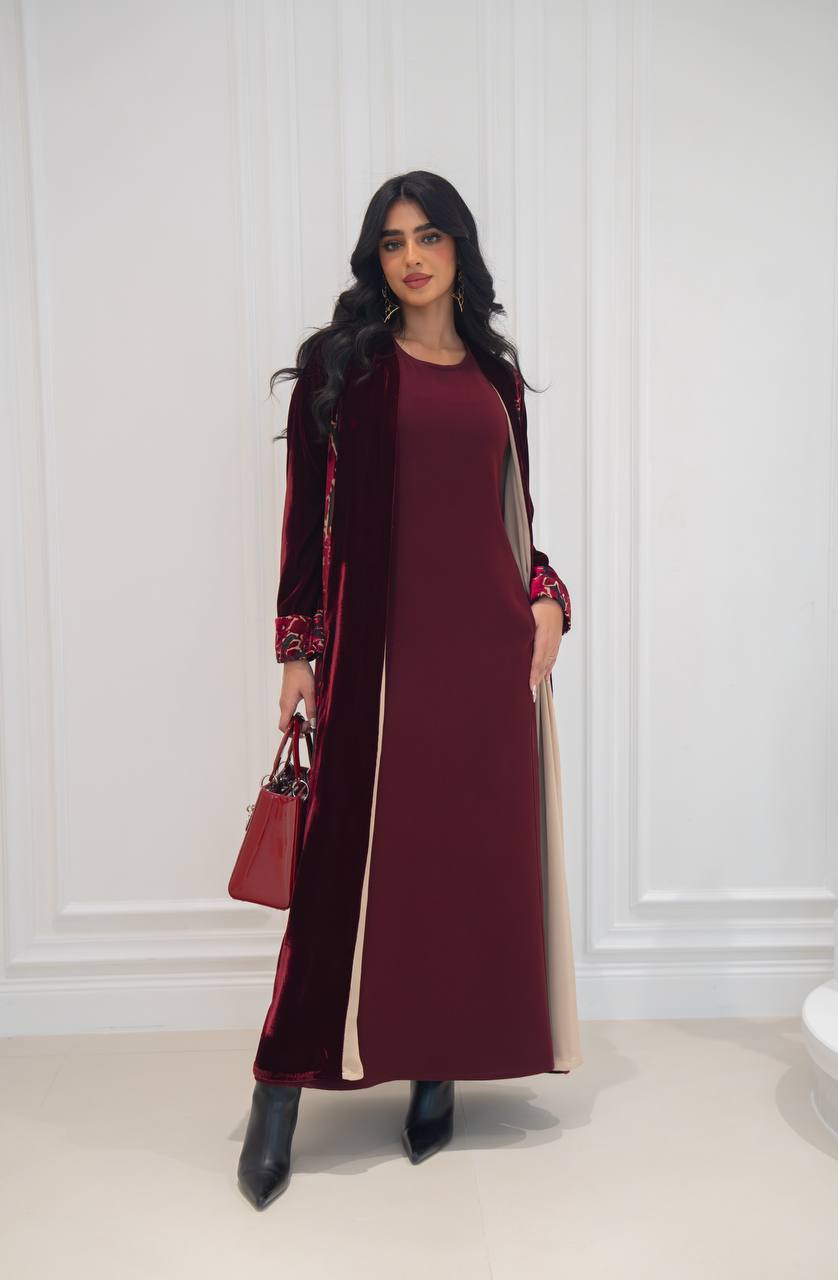 Burgundy velvet abaya. C:6573