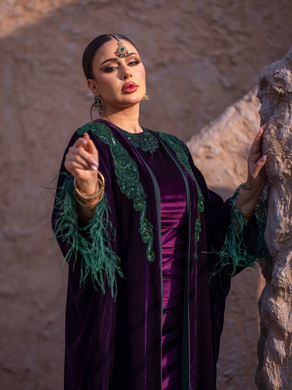 Velvet bisht and dress set in royal purple with hand embellishment.C:6715