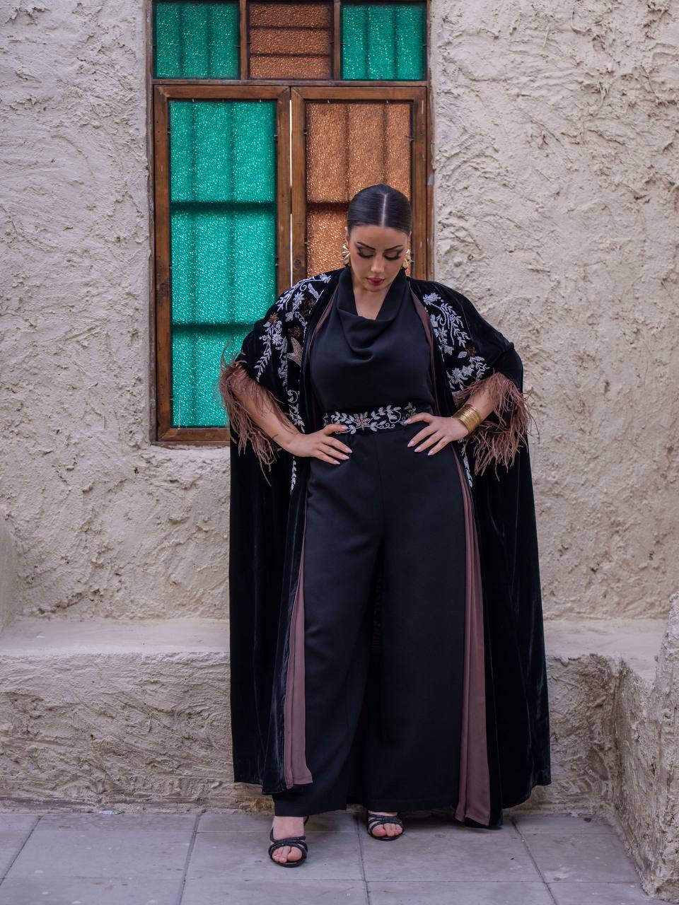Velvet bisht and jumpsuit set in black with hand embellishment.C:6719