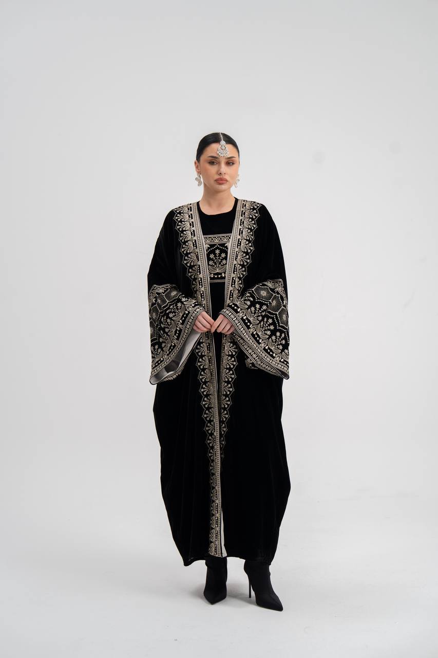 Black velvet abaya with embroidery (with inner set). C:6744