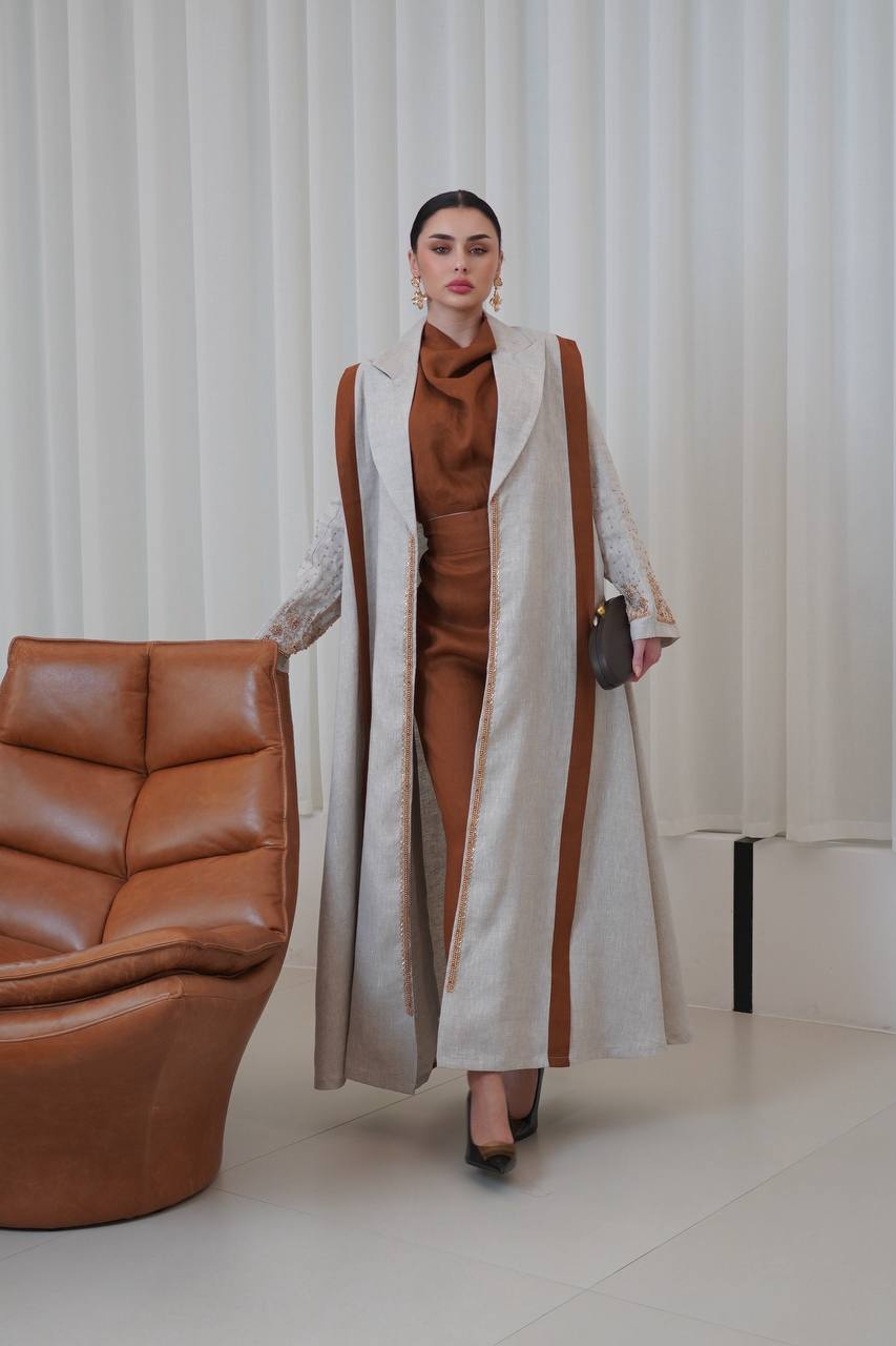 Beige linen blazer abaya with hand-stitched details.C:6751