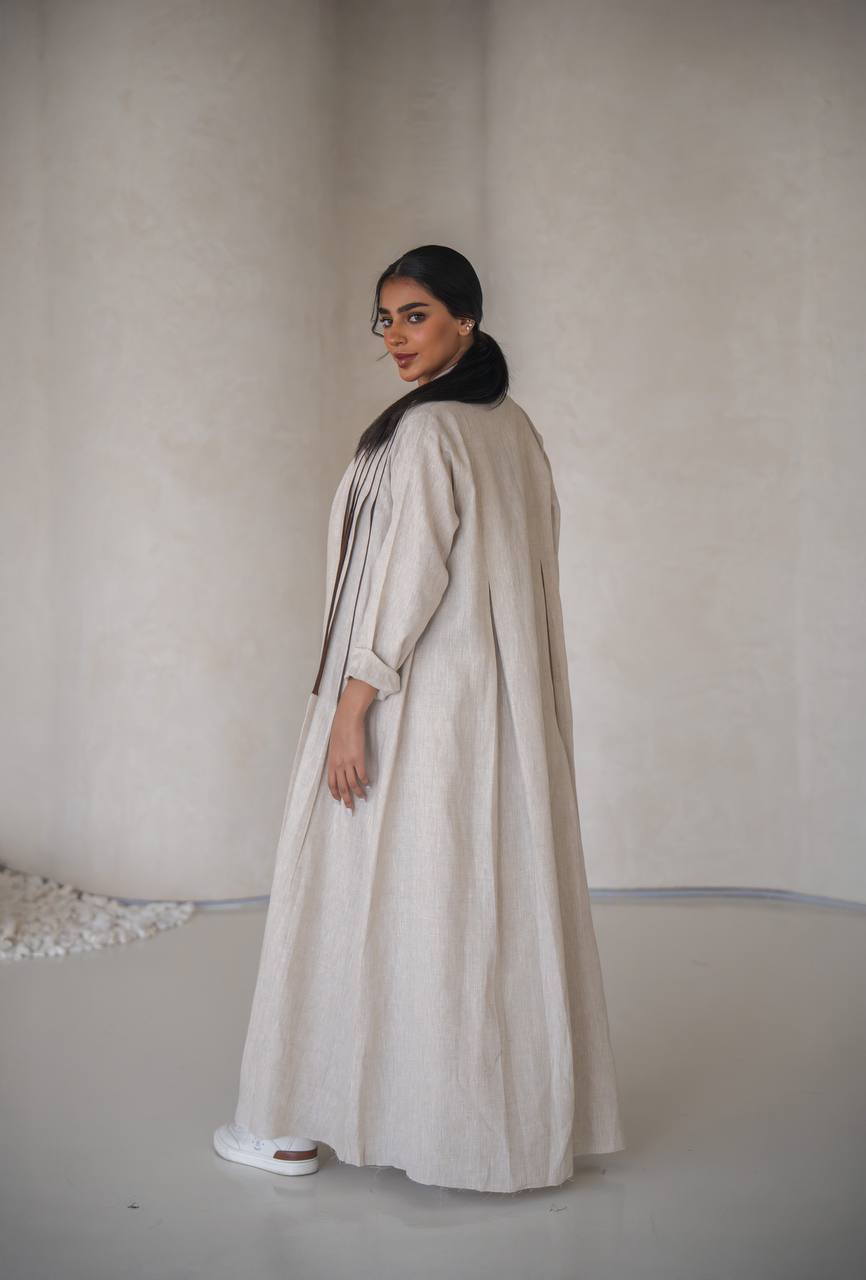 Abaya with a blouse and skirt made of natural linen C:6637 Beige