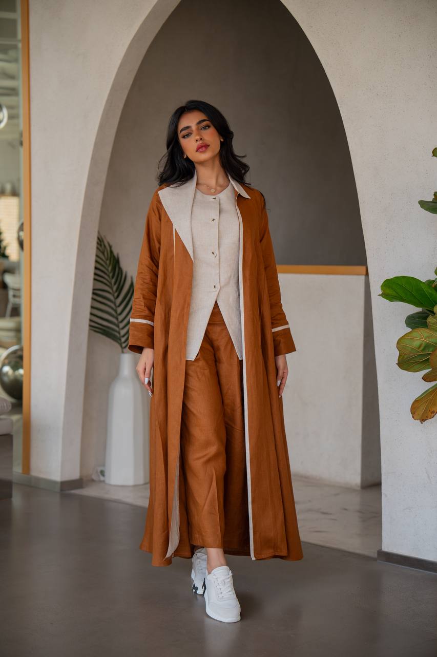 Abaya with inner set made of linen in camel and beige C:6636