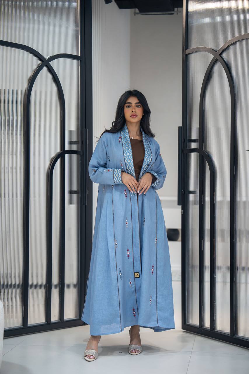 Sky blue linen abaya with embroidery C:6623 Blue