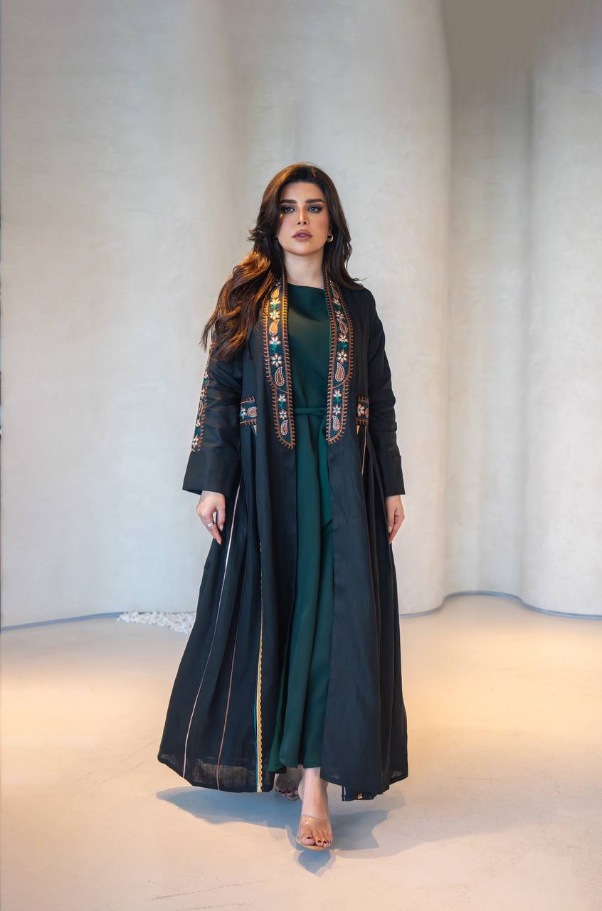 Black linen abaya with embroidery C:6620