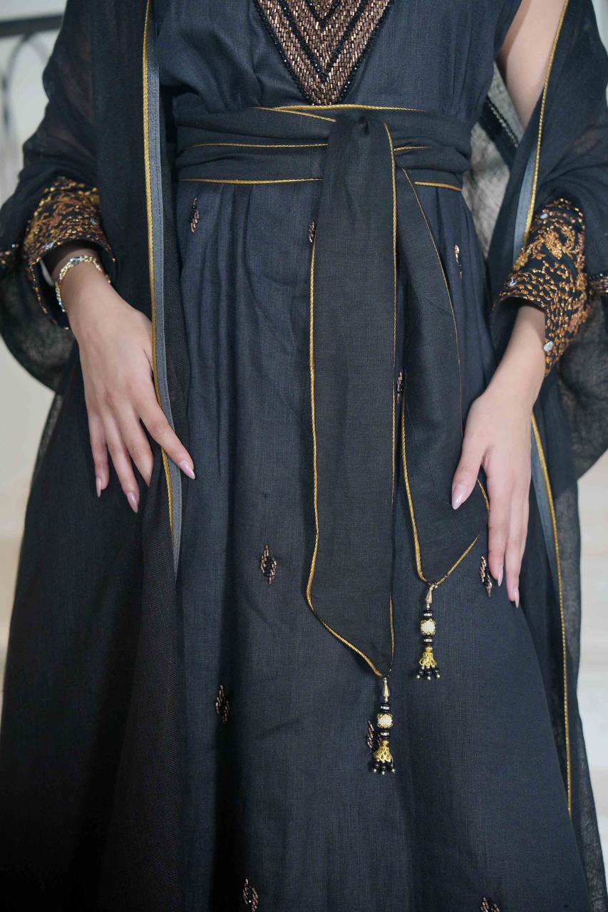 Burlap Bisht with Black Linen Dress with Hand Embroidery C:6613