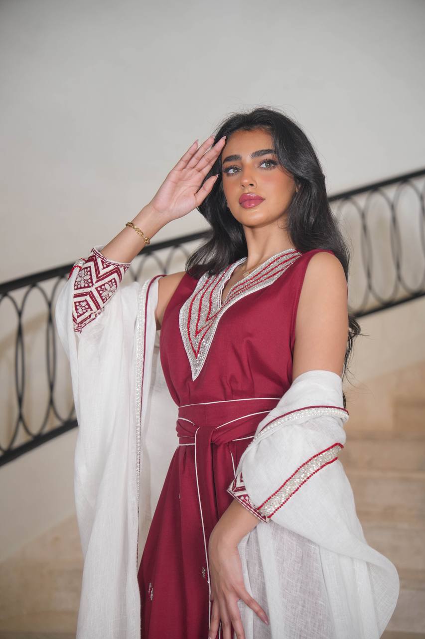 White burlap bisht with burgundy linen dress with embroidery C:6613