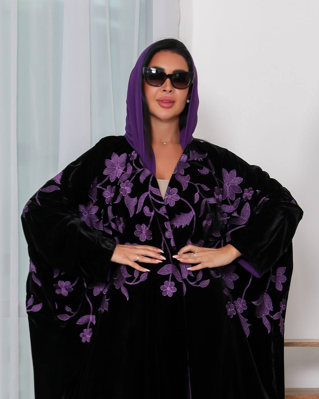 Black velvet Bisht abaya with purple embroidery 6340 purple
