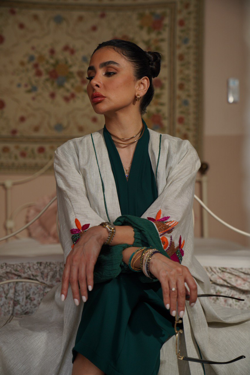 Beige Linen Bisht Abaya with Hand Embroidery C:6408 (Free size)