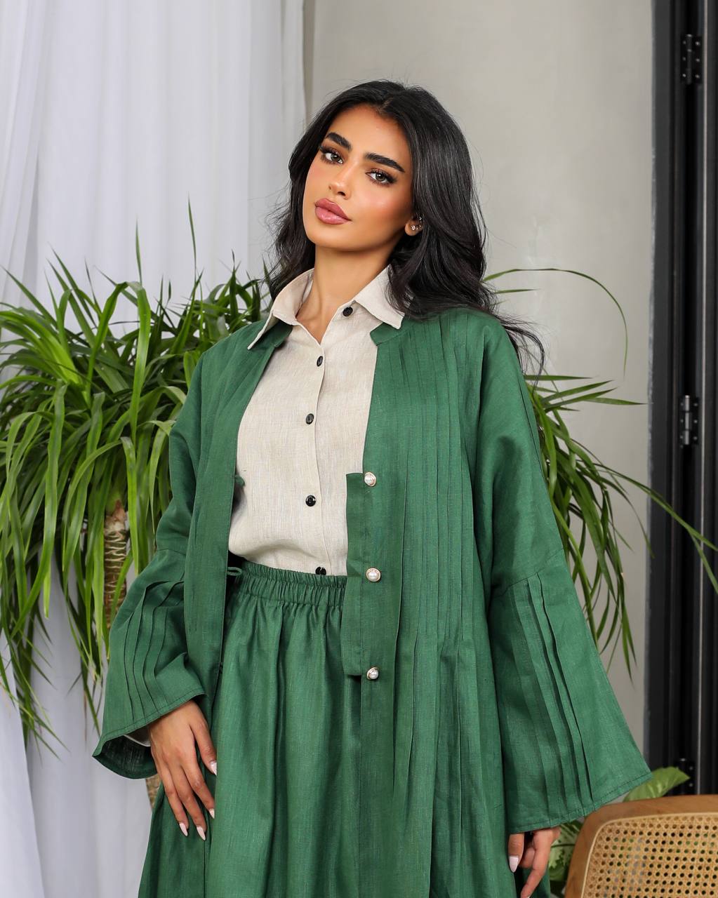 Linen Abaya Green C:6487(Free size)