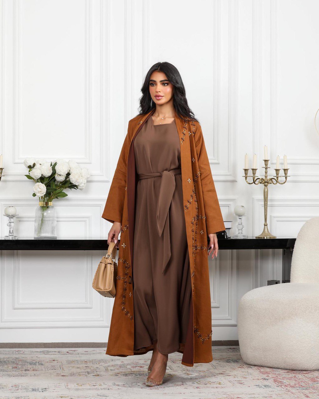 Abaya camel linen with pearl C:6488 BROWN