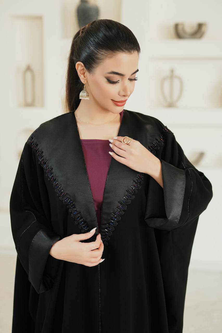 Crepe abaya with satin, black with embroidery C:6599 Black