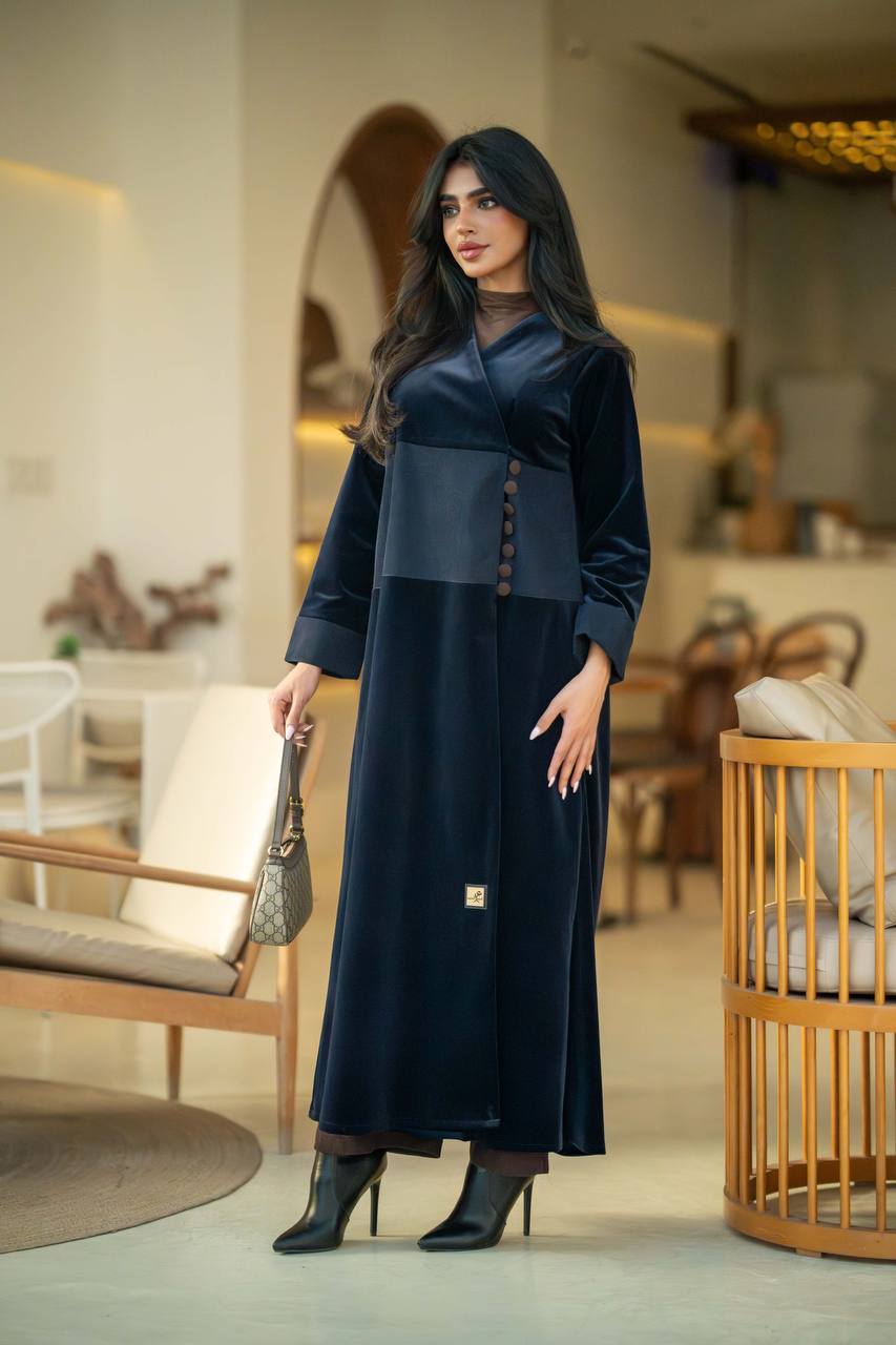 Crepe velvet abaya with ribbed velvet in navy color C:6581