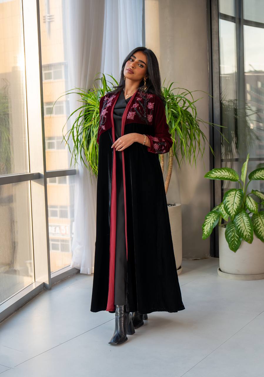 Black and burgundy velvet abaya with embroidery C:6569