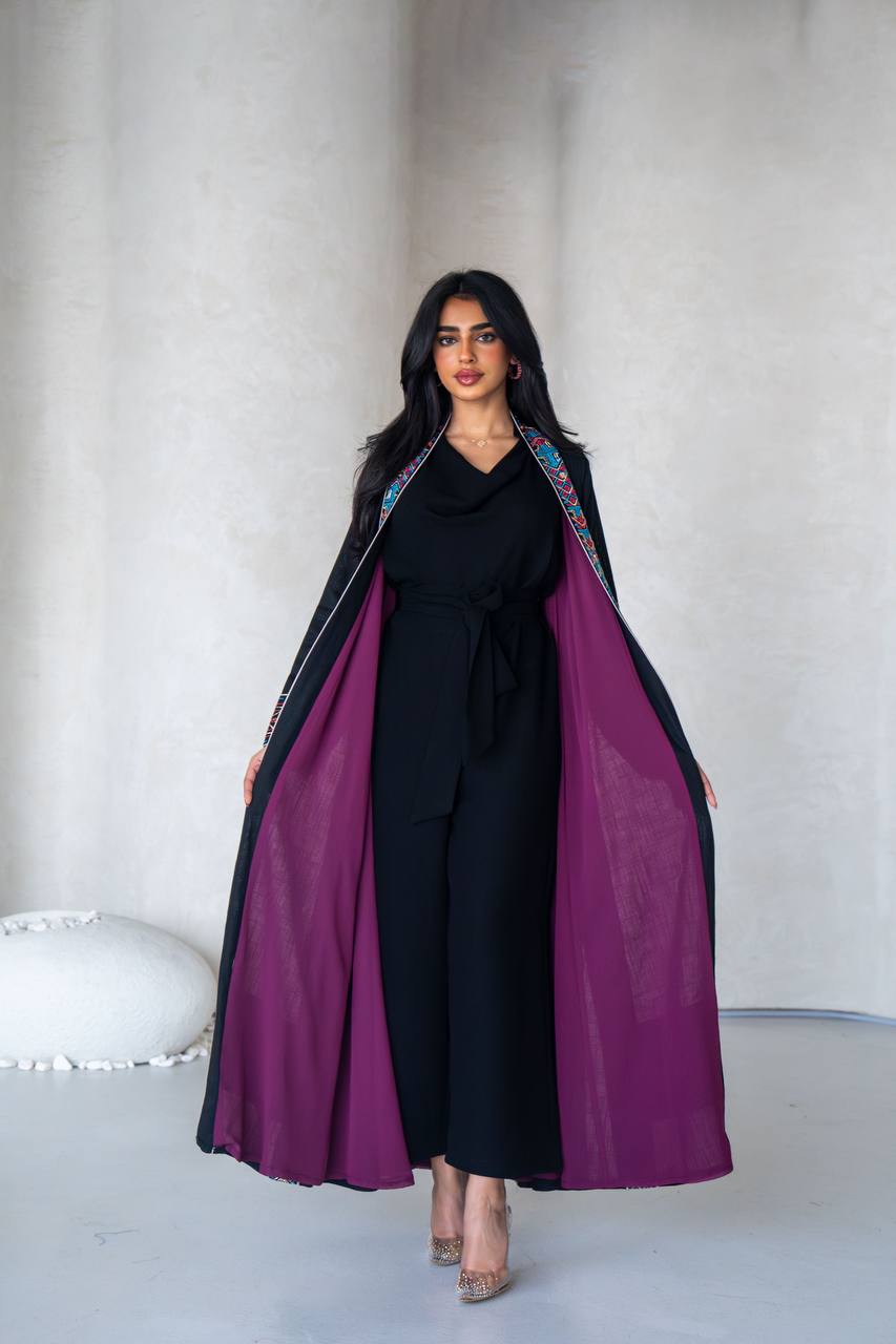 عباية من الكتان الأسود مطرزة C:6589 أسود 