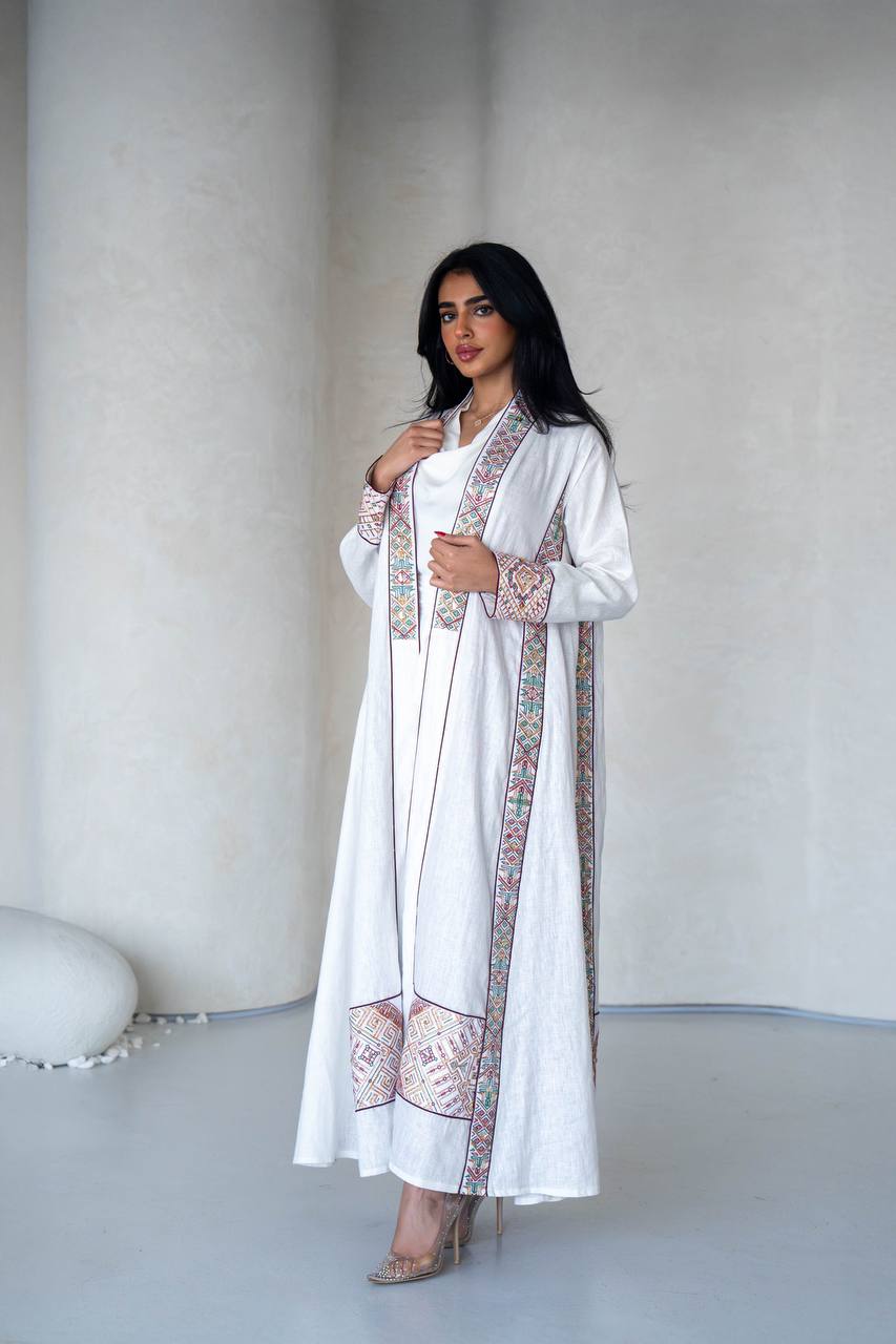 White Lenin Abaya with embroidery C:6589 White