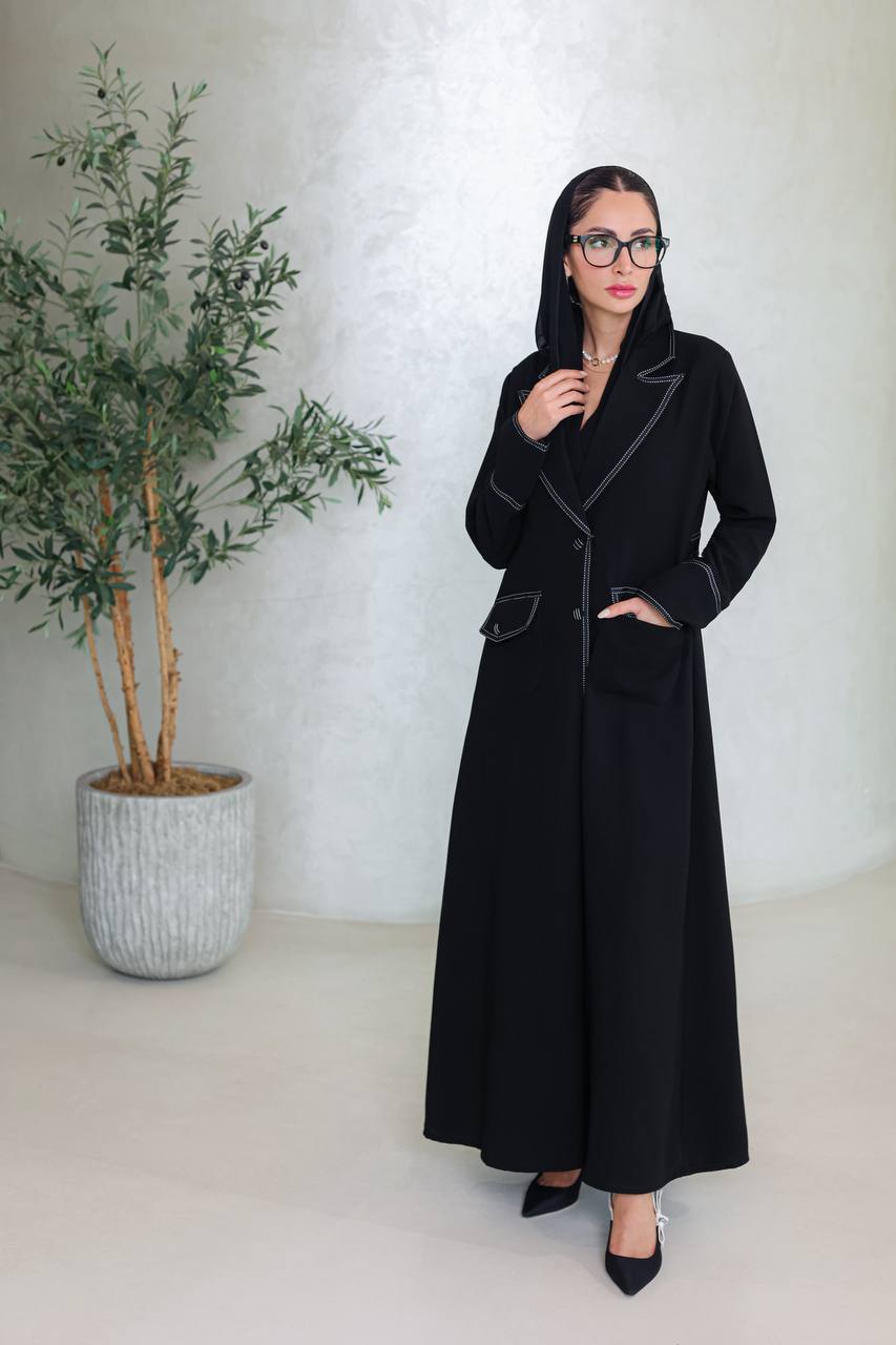 Crepe blazer abaya in black with embroidery.C:6667