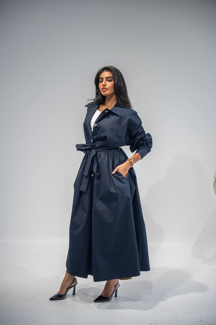 Elegant free size trench coat, in navy blue . C:6685 Navy