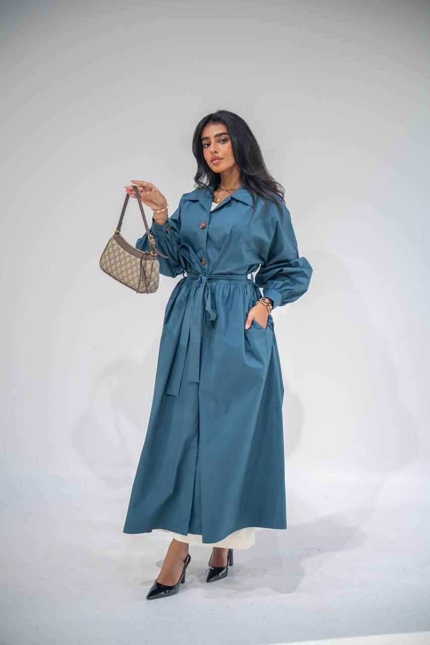Free size trench coat in blue. C:6685 Blue