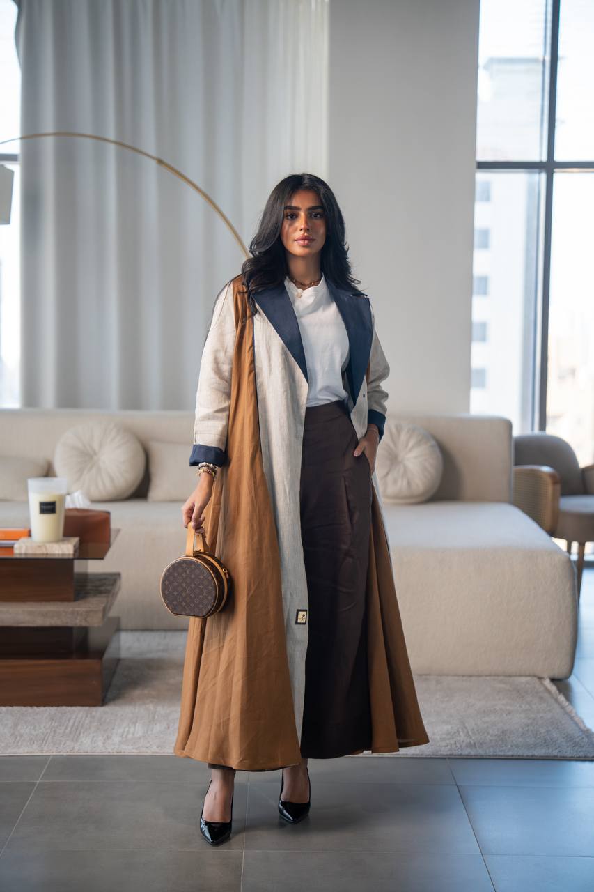 Beige and camel linen abaya. C:6686