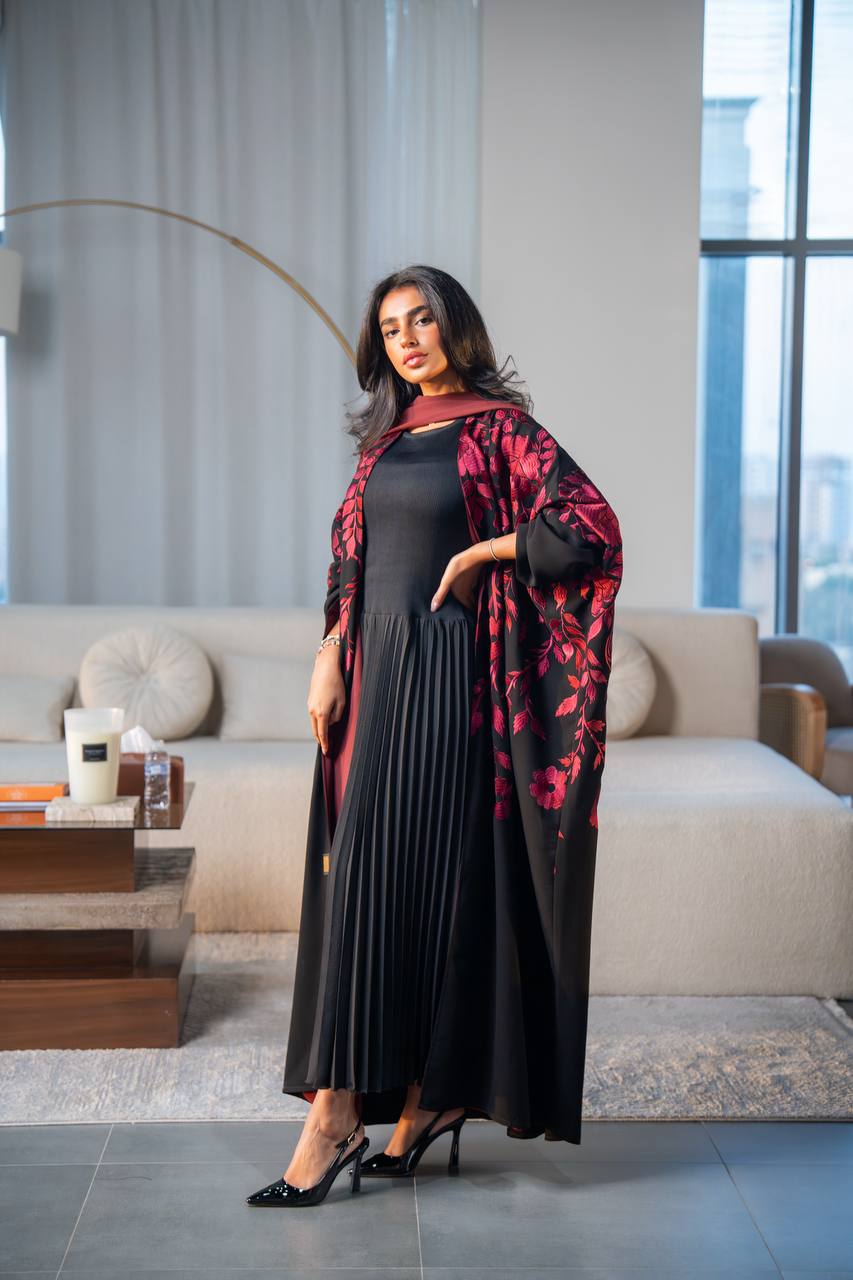 Black crepe abaya with red embroidery.C:6689
