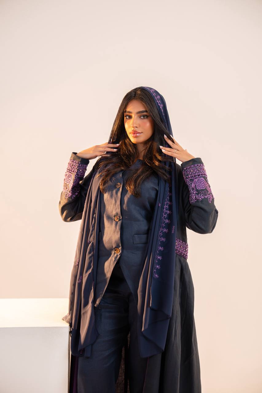 Navy blue linen abaya with purple embroidery. C:6691