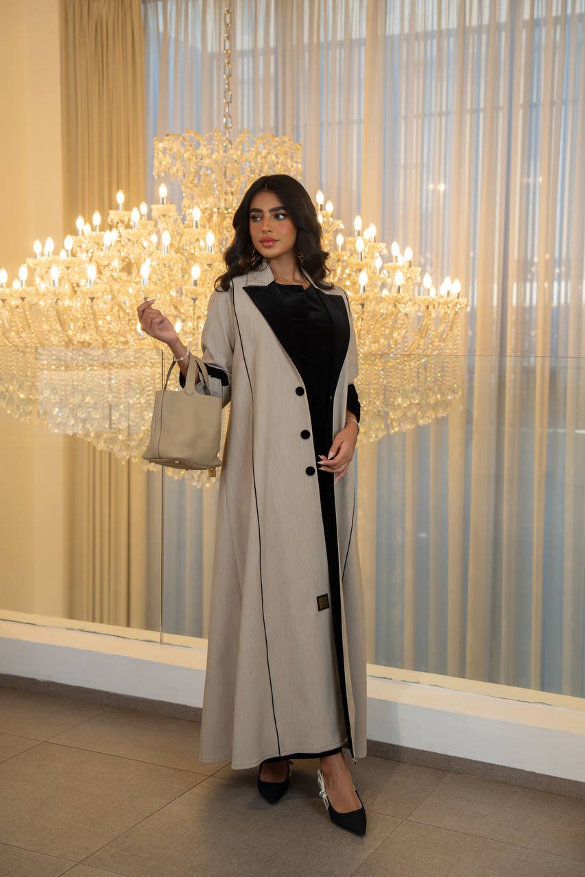 Beige crepe abaya with black velvet.C:6704
