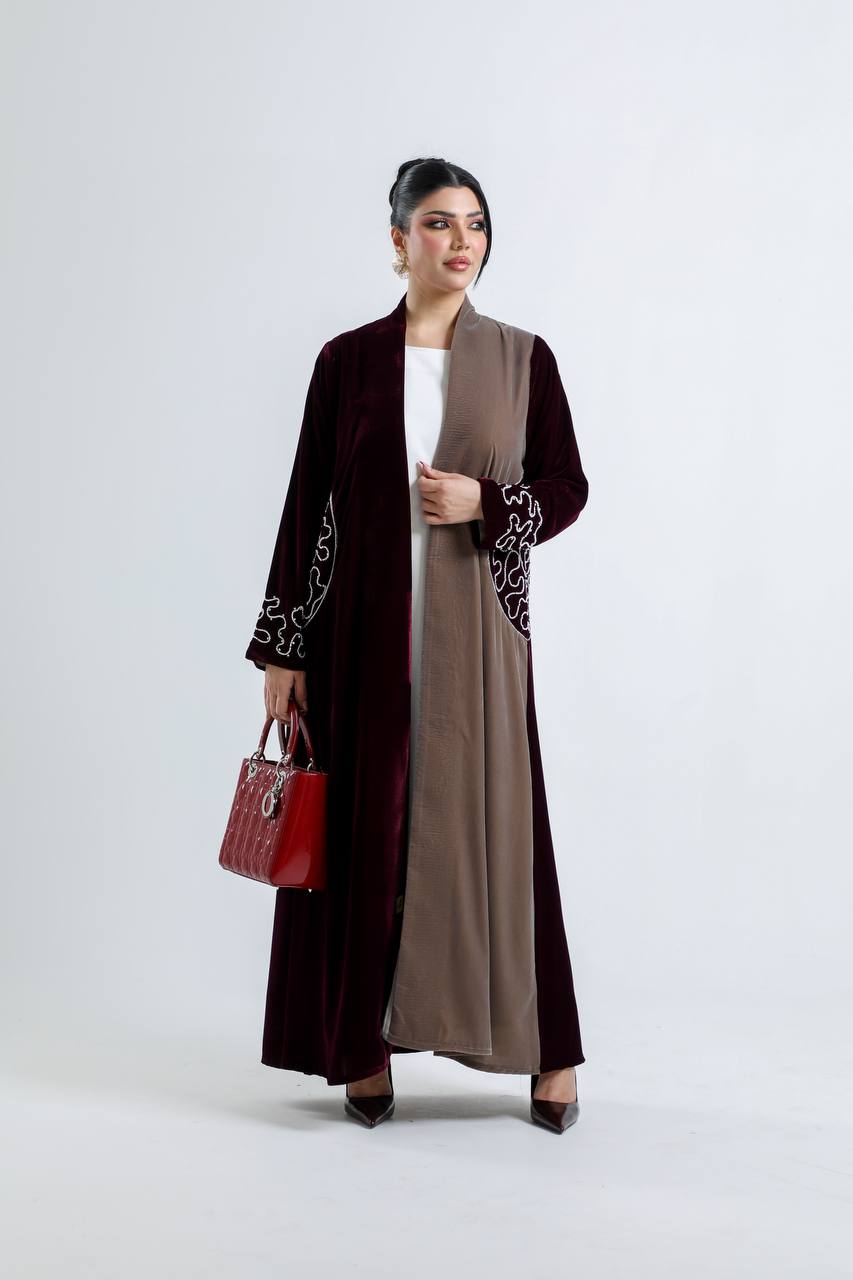 Burgundy and beige velvet abaya with hand embroidery. C:6724