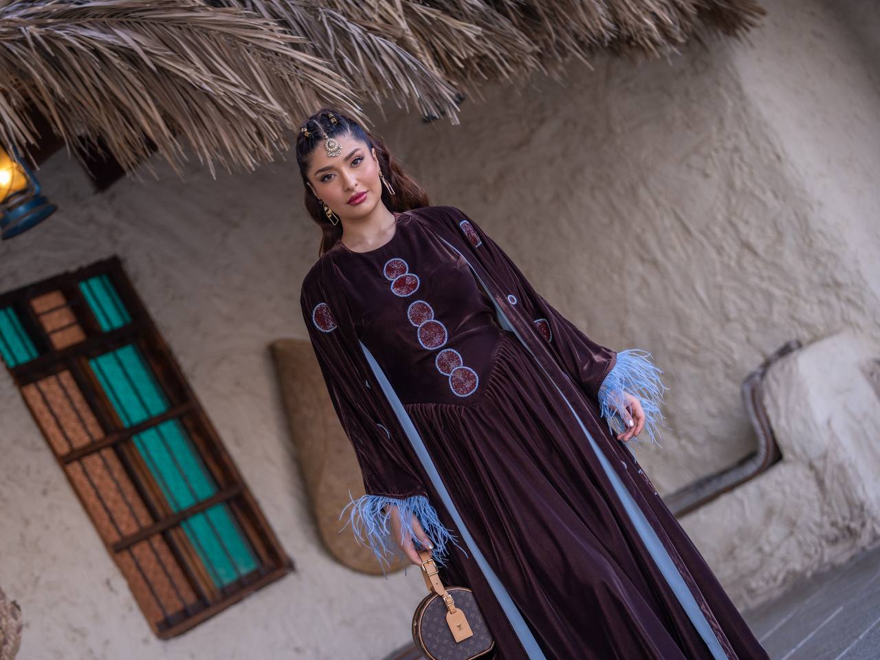 Bisht and dress set in brown velvet with hand embellishment.C:6718