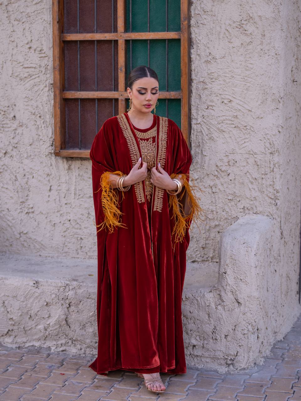 Bisht and dress set in burgundy velvet with hand embellishment.C:6714