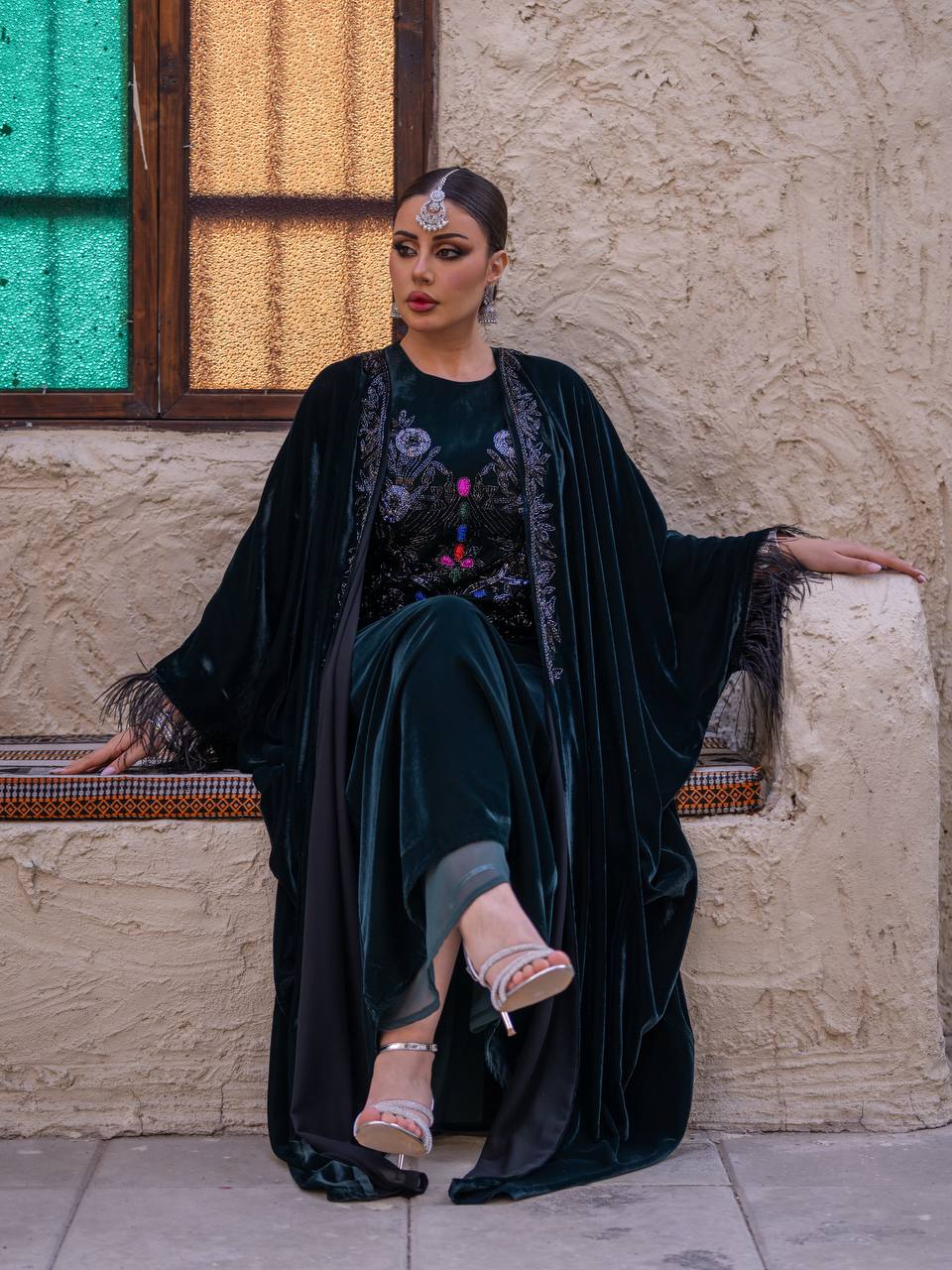 A set of bisht and dress, velvet in olive green with hand embroidery..C:6716