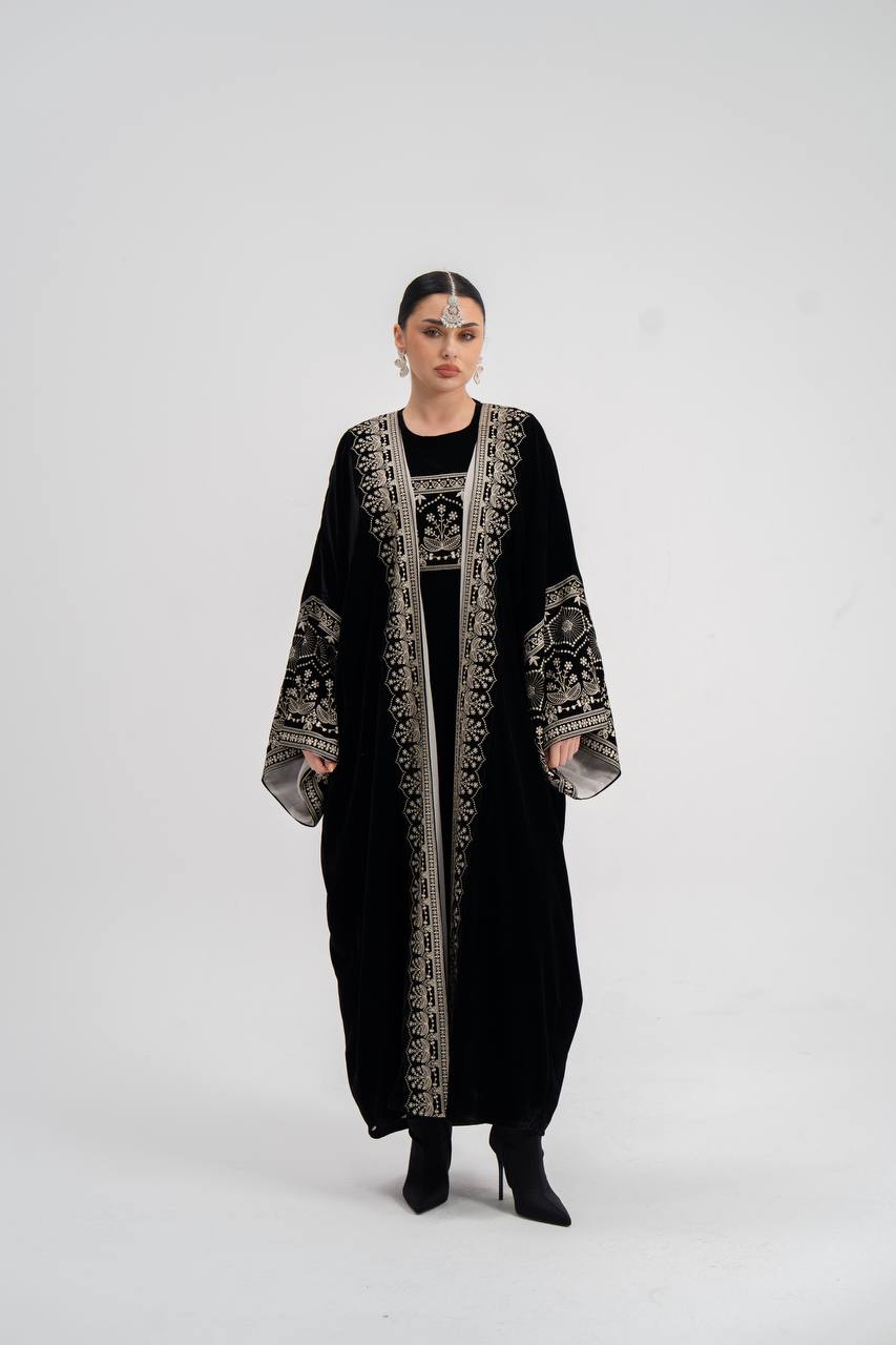 Black velvet abaya with embroidery (with inner set). C:6744