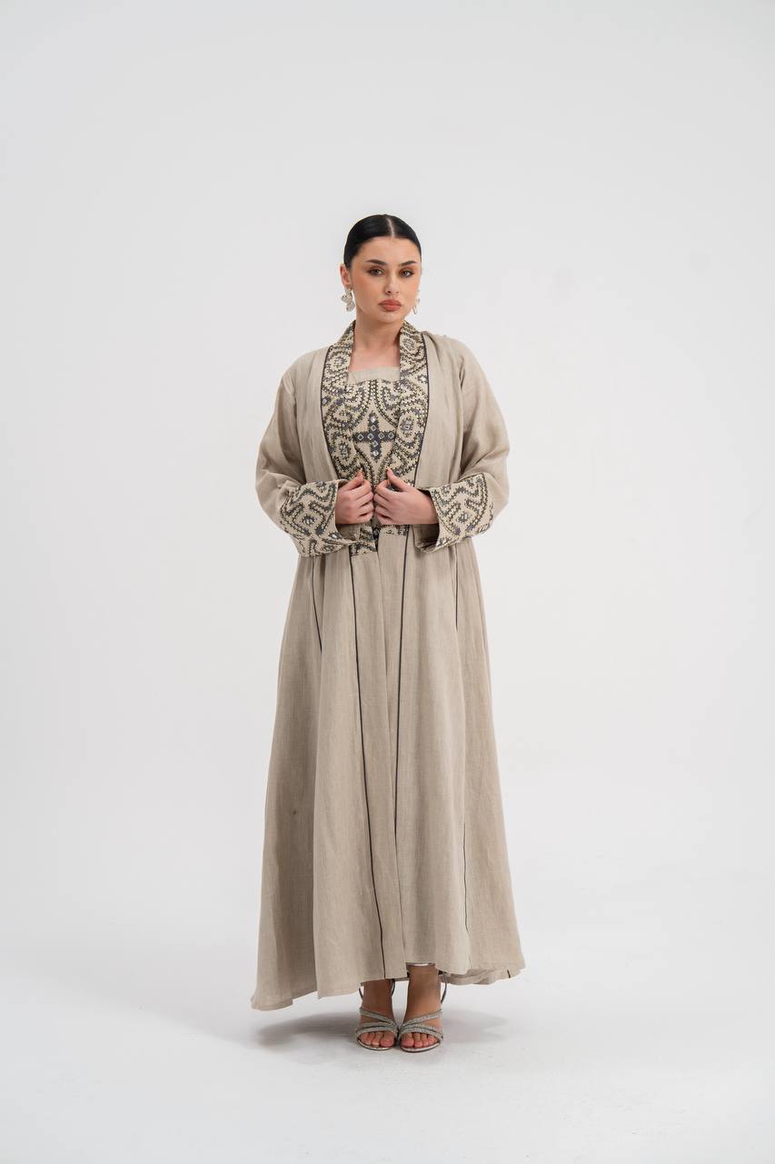 Linen abaya with beige embroidery (with inner set). C:6741