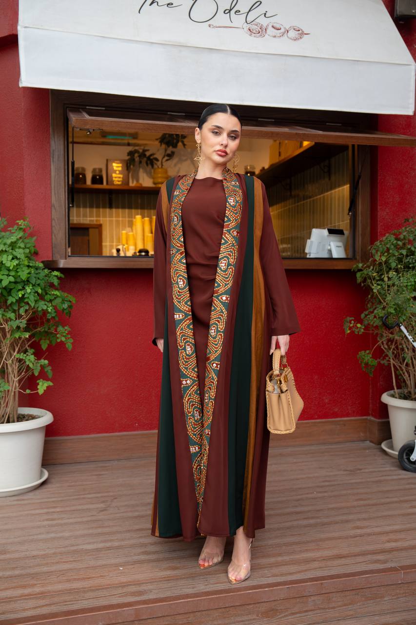 Crepe abaya with linen in brown and camel colors .C:6742