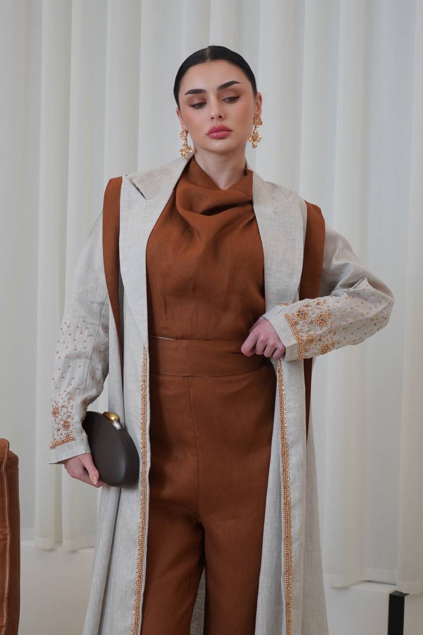 Beige linen blazer abaya with hand-stitched details.C:6751