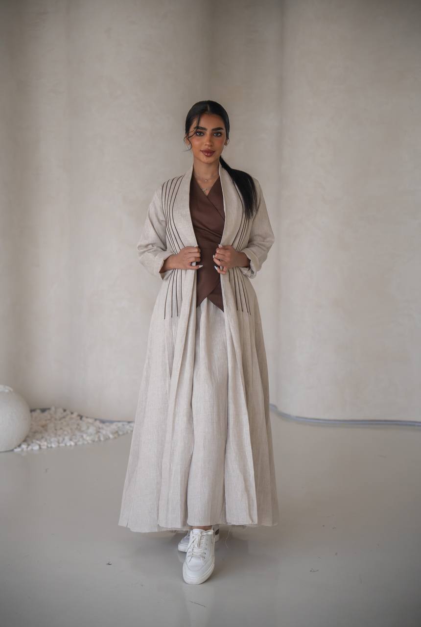 Abaya with a blouse and skirt made of natural linen C:6637 Beige