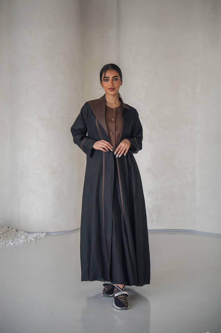 Black blazer abaya with inner set, made of linen C:6636 Black-Brown