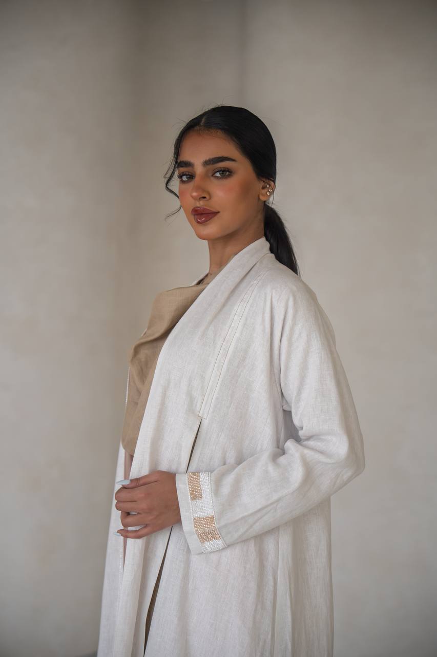 White linen abaya with inner set C:6640 White